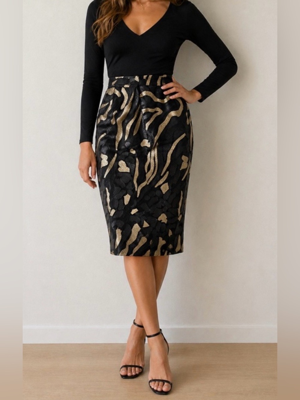Calvin Klein Black Pencil Skirt with Gold Abstract Pattern